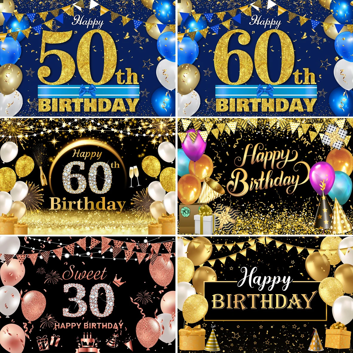 Fondo de fiesta de cumpleaños de adultos con globos dorados, cartel de fotografía de retrato de fiesta familiar, Decoración de mesa de pastel, Fondo de fotomatón