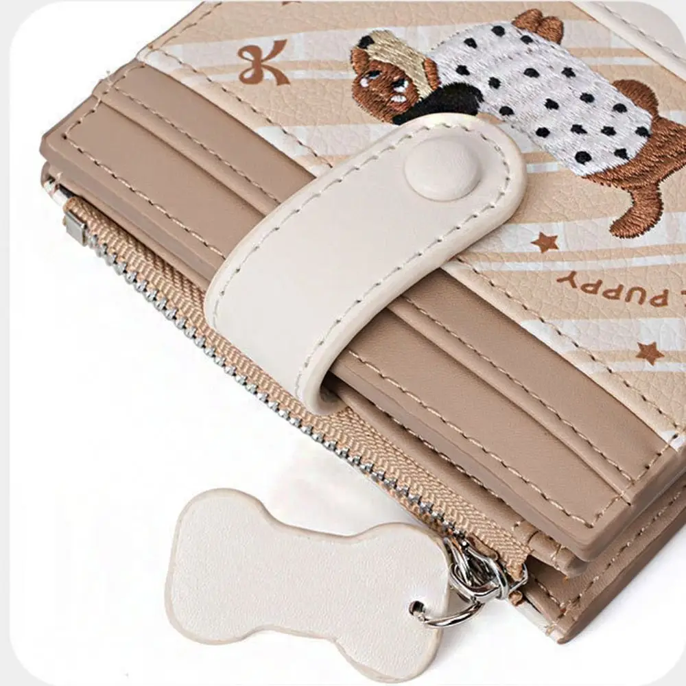 Korean Style Embroidery Sausage Dog Wallet Purse Ultra Thin Card Bag Cartoon Multi-function PU Leather Card Holder Outdoor