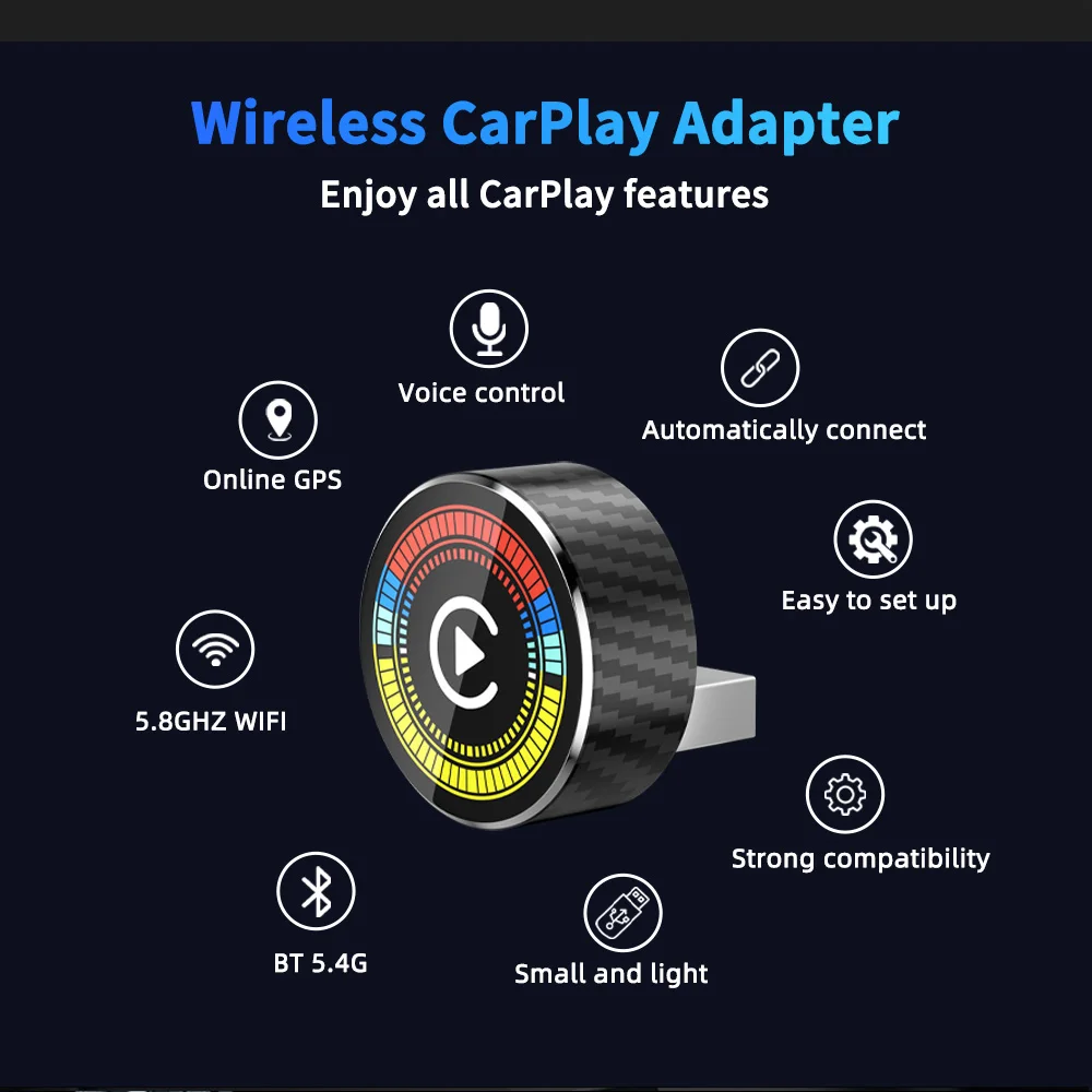 Round Wireless CarPlay Android Auto Adapter Plug and Play CarPlay Box Wired to Wireless CarPlay Dongle for Cars