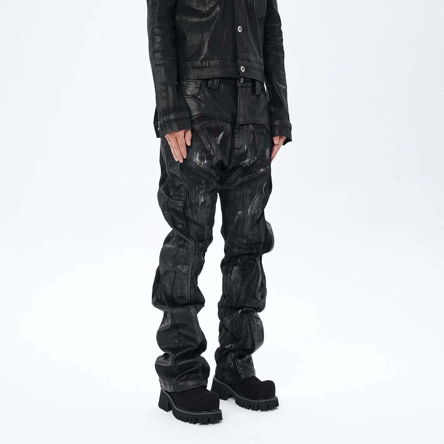 Fashion Visual Series Special-Interest Patchwork Deconstruction Stitching Stacking Brush Wax Coating Machete Jeans Men