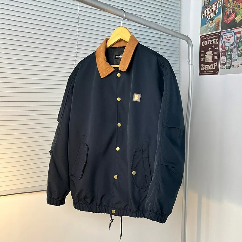 

Осень-зима, мужская куртка с коротким воротником, винтажная свободная повседневная цветная блузка, большой размер 250, пальто Harrington из полиэфирного волокна