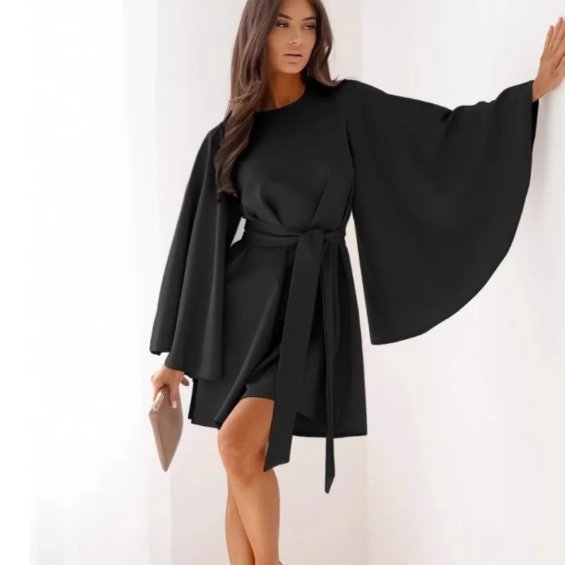 2025 женское модное сексуальное платье, весна-лето, последняя осень, однотонное мини-платье с круглым вырезом и длинными рукавами на талии для женщин
