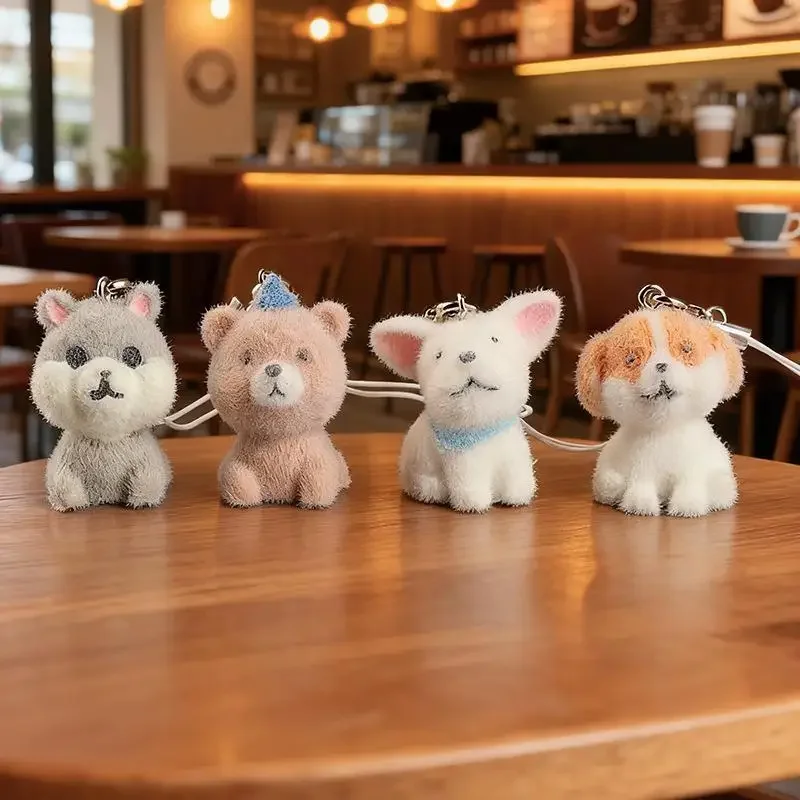 2Pcs Flocking Resin Dog Keychains Bag Pendant Cartoon Animal Mobile Phone Lanyard Accessories Hanging Decoration