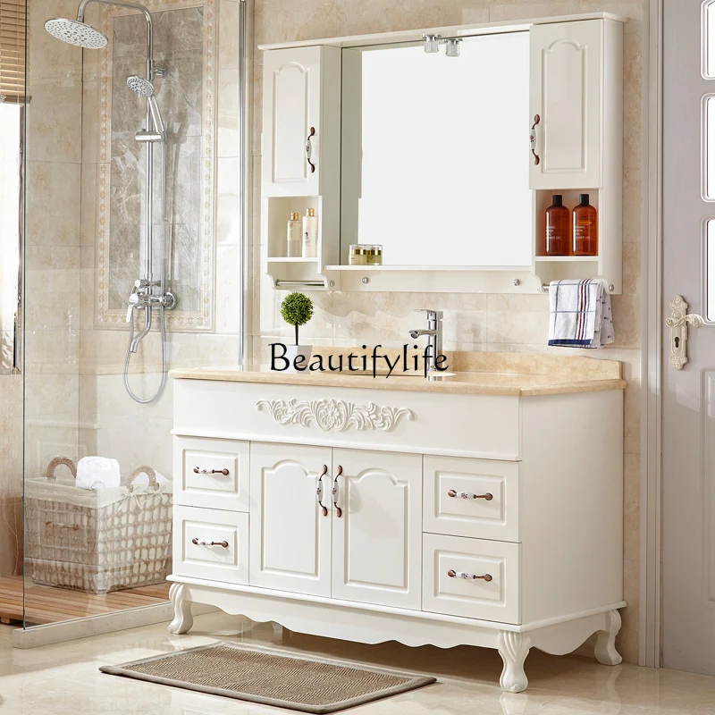 

European Oak Bathroom Cabinet Combination Washstand Bathroom Hand Washing Washbasin Mirror Cabinet Marble