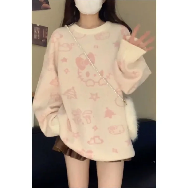 Mode Explosion paresseux mignon pull ample écolière automne et hiver dessin animé tricoté pull haut surdimensionné pull pull
