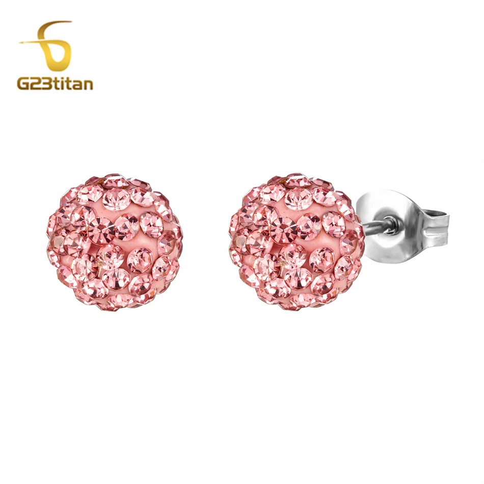 Kadınlar için klasik yuvarlak top düğme küpe göz kamaştırıcı pembe kristal Shambhala boncuk nişan düğün takısı titanyum küpe hediye
