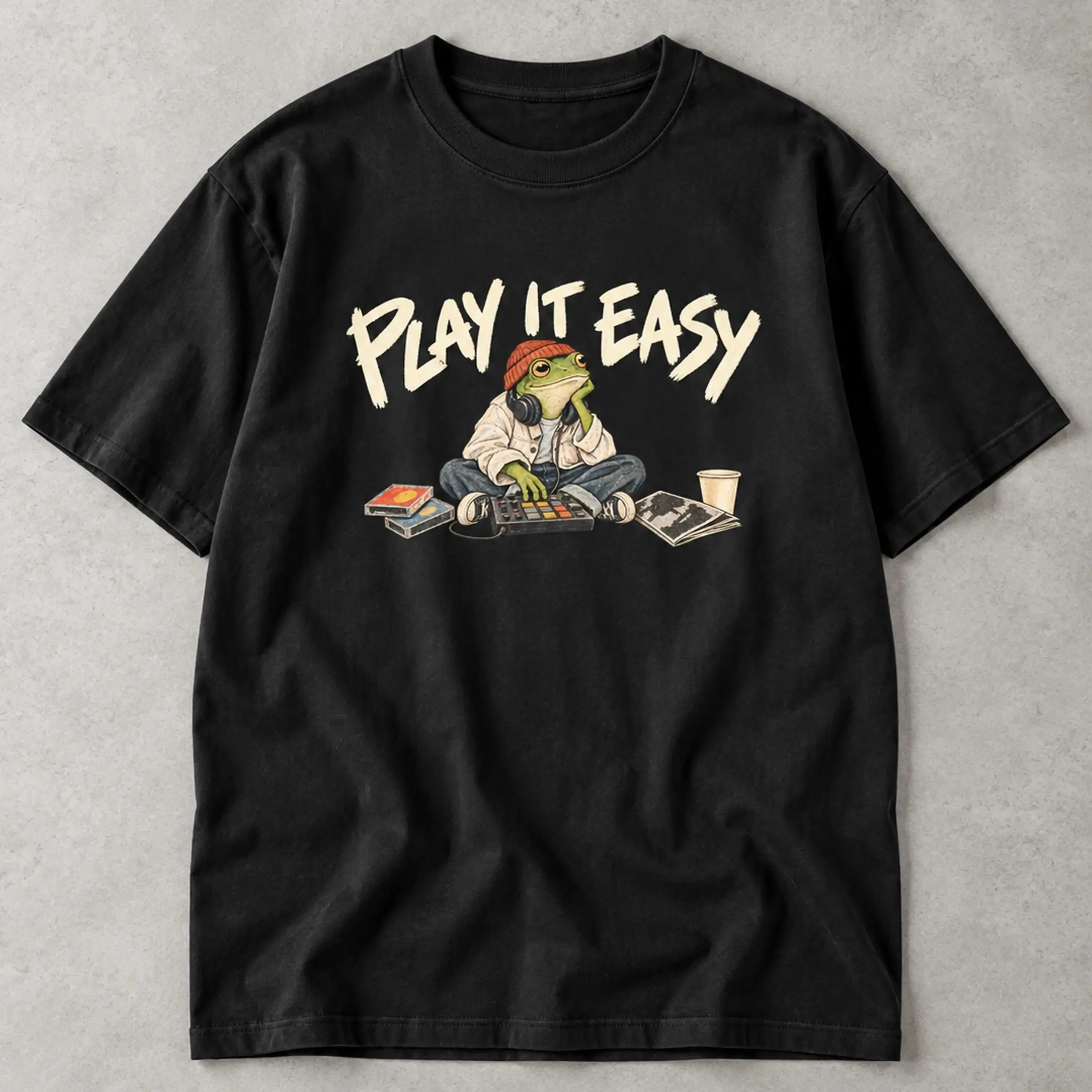 Men's Music Producer Frog Collage Graphic T Shirt Round Neck Short Sleeve Summer Loose Cotton Tee For Music Lovers