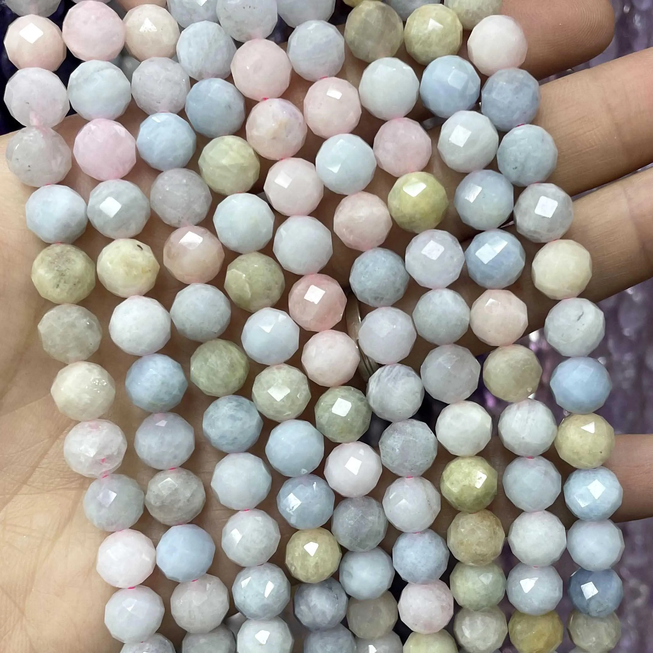 6/8/10MM Natural Stone Faceted Colorful Morganite Round Gemstone Spacer Beads For Jewelry Making DIY Accessories 7.5\'\'inches