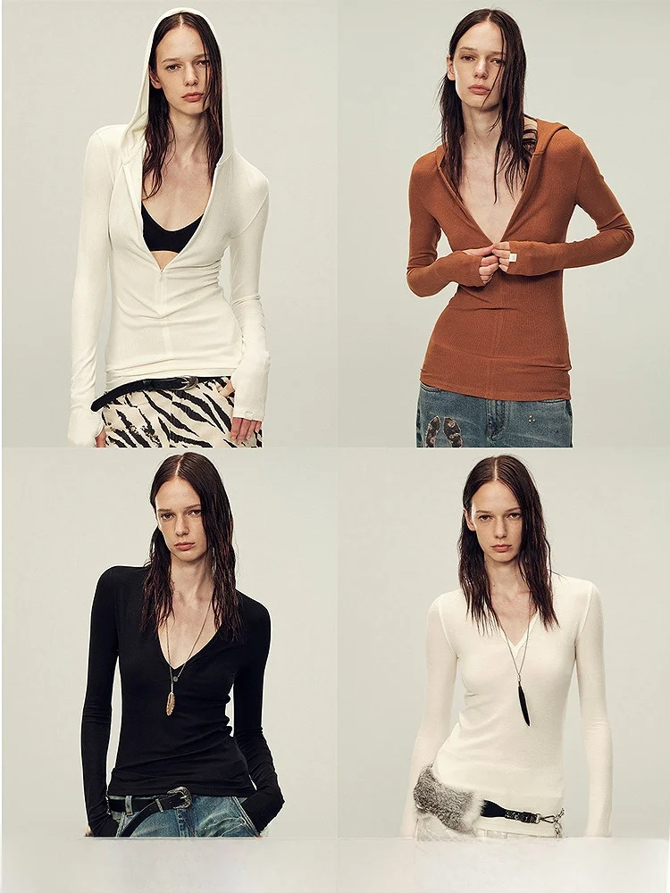 

Футболка с капюшоном из ацетата Fuzhen Long Sve, глубокий V Ne High Densi, мягкий удобный осенний модный женский вязаный топ