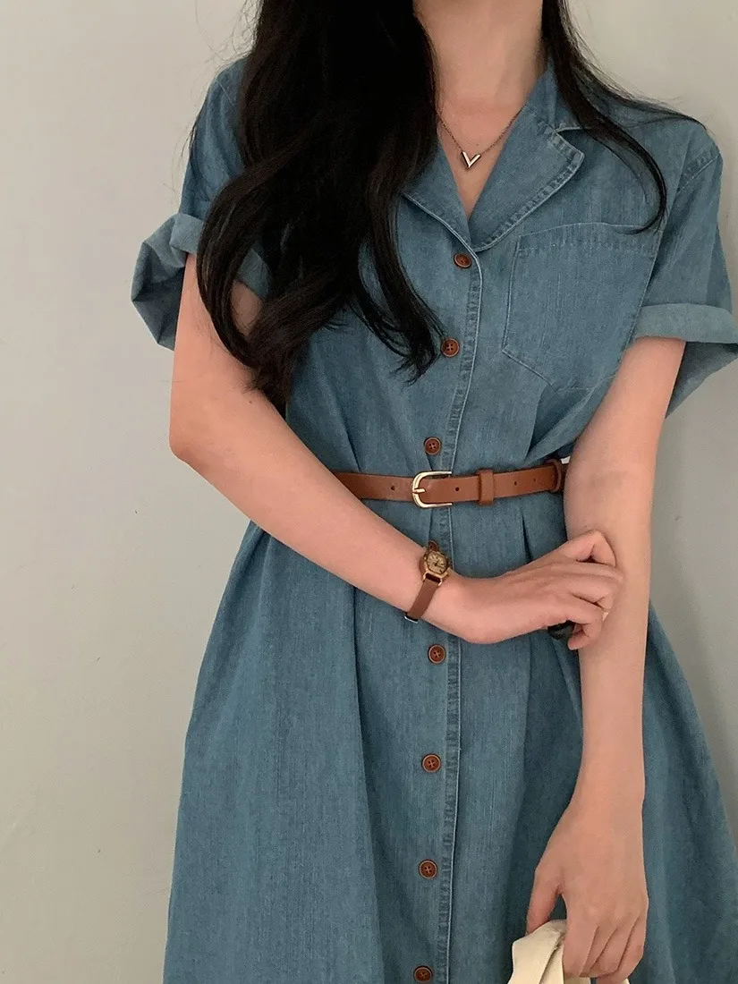Slim Fit Vintage Summer Chic Button up Waist Cinched ort Sve Denim Dr Women with Belt Bow Tie irt Collar Dr