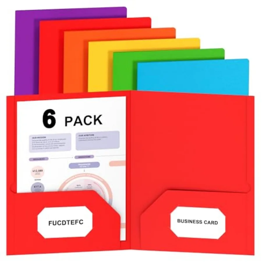 

Folders with Pockets, 6 Pack Paper 2 Pocket Folders, Heavy Duty Folders for Document with Business Card Slot, Colored File Fold