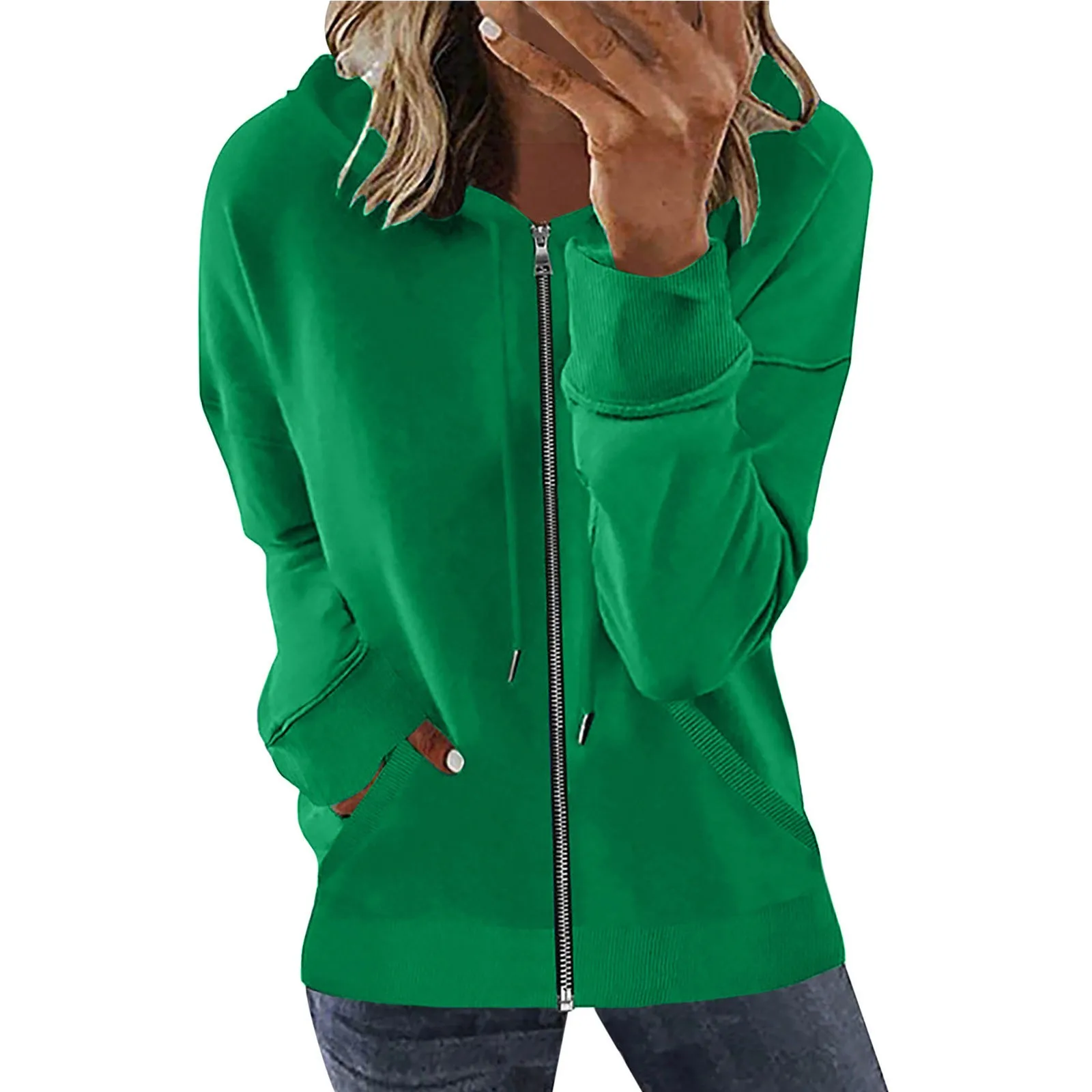 

Autumn Zip Up Pocket Hoodie Long Sleeve Drawstring Hooded jacket Threaded Sweater Solid Color Ladies Zipper Top Loose Sweatshirt