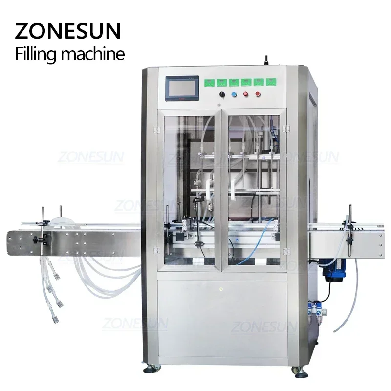 ZONESUN ZS-VTMP80D Auto 6 Head Magnetic Pump Liquid Filling Machine with Dust Cover Juice Beverage Wine Perfume Bottling Line