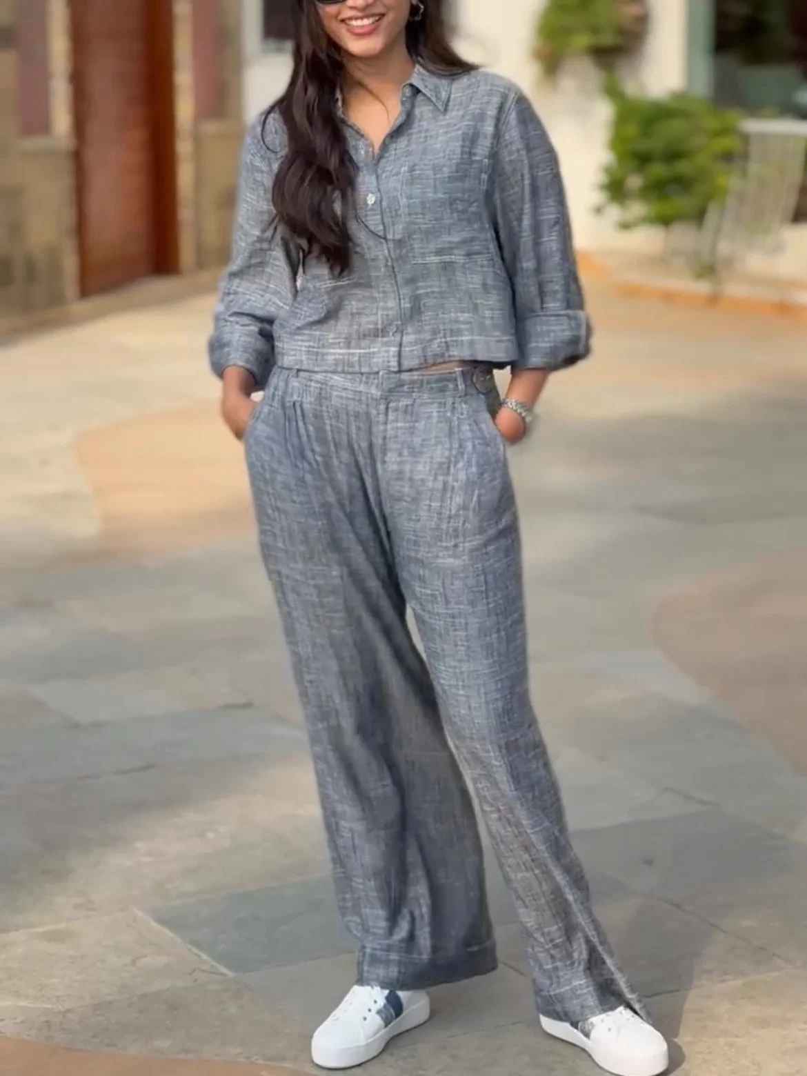 

Casual Fashion Solid Color Pleated Women's Suit Lapel Single Breasted Short Shirt Zipper Loose Pants Fashion Summer Suit