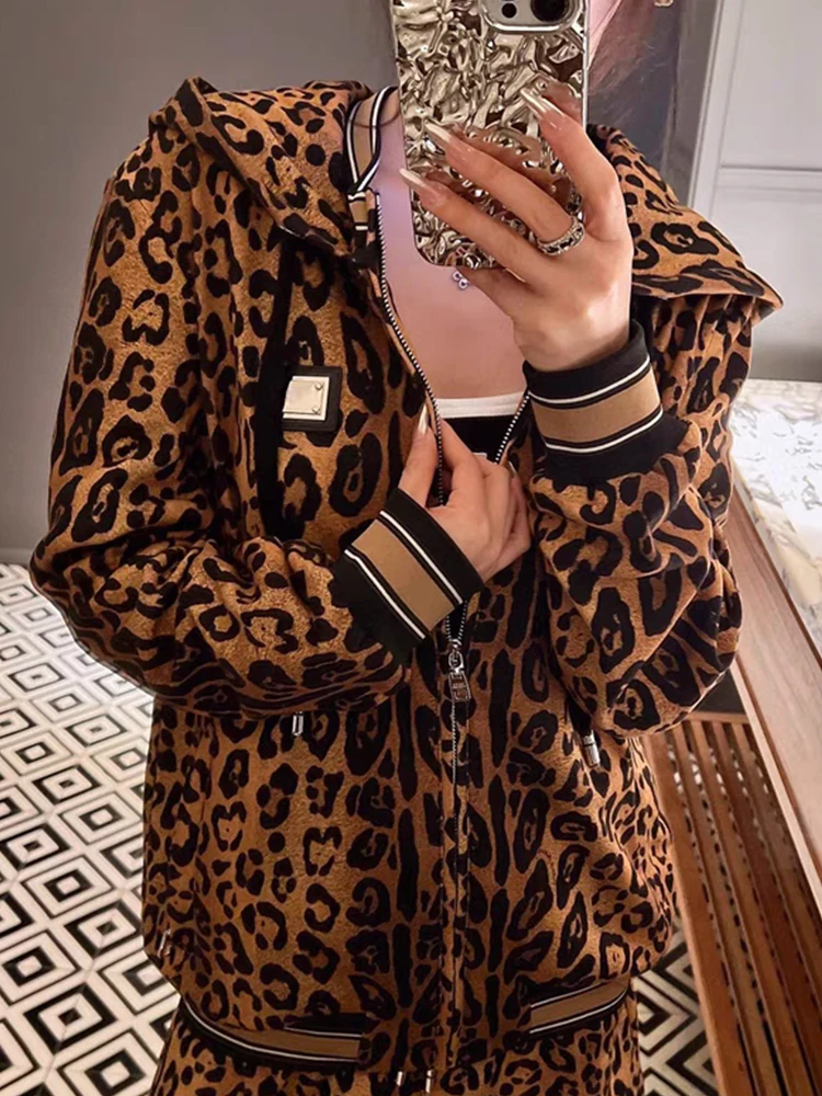 Vintage leopard print zipper hooded cardigan two-piece 2024 fall women\'s new + elastic waist nine-point pants fashion suit