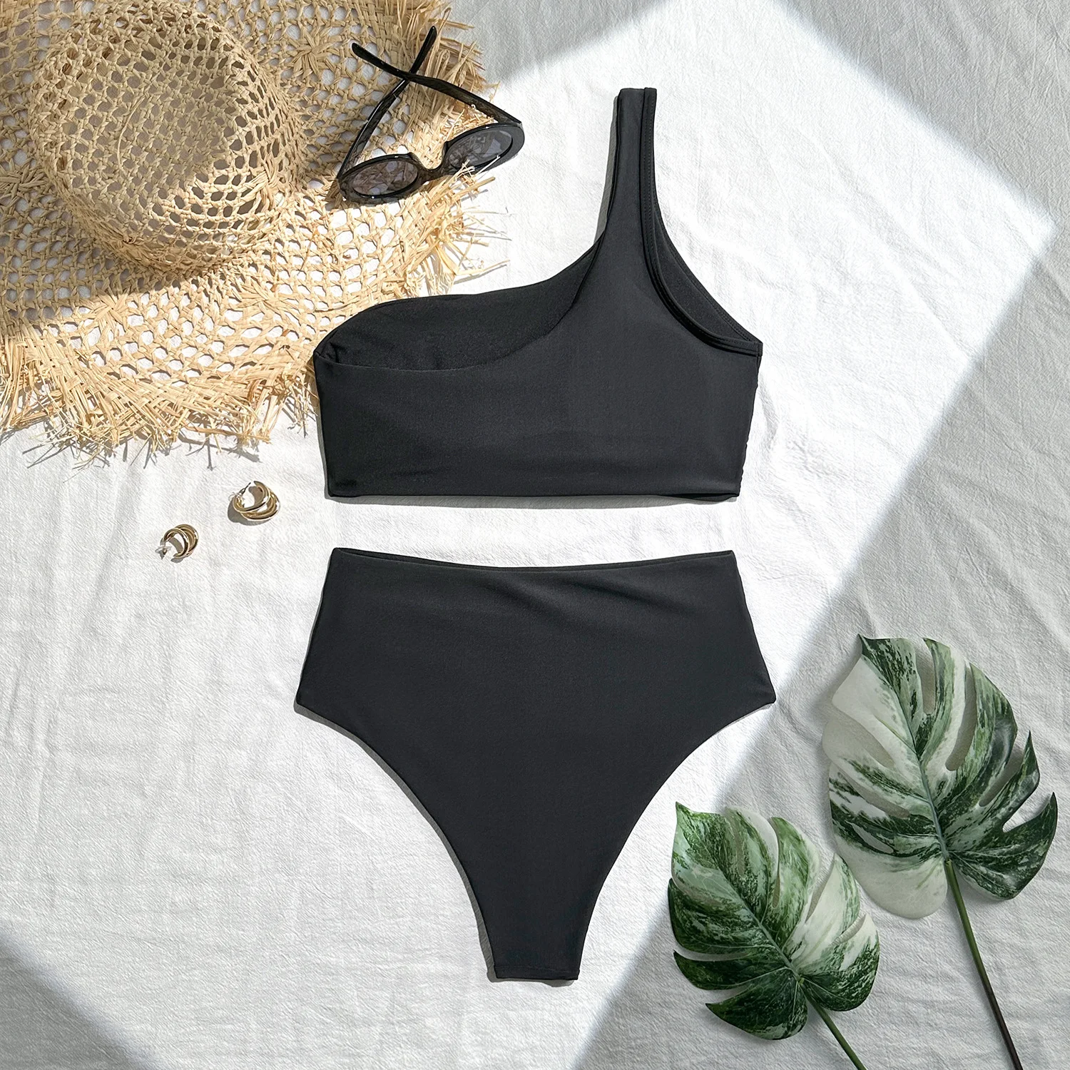 Sexy schlichte One-Shoulder-Bikini-Sets, zweiteilig, faltige Badeanzüge mit hoher Taille, Strandmode, Badeanzug, Bademode, Biquini, Tankini