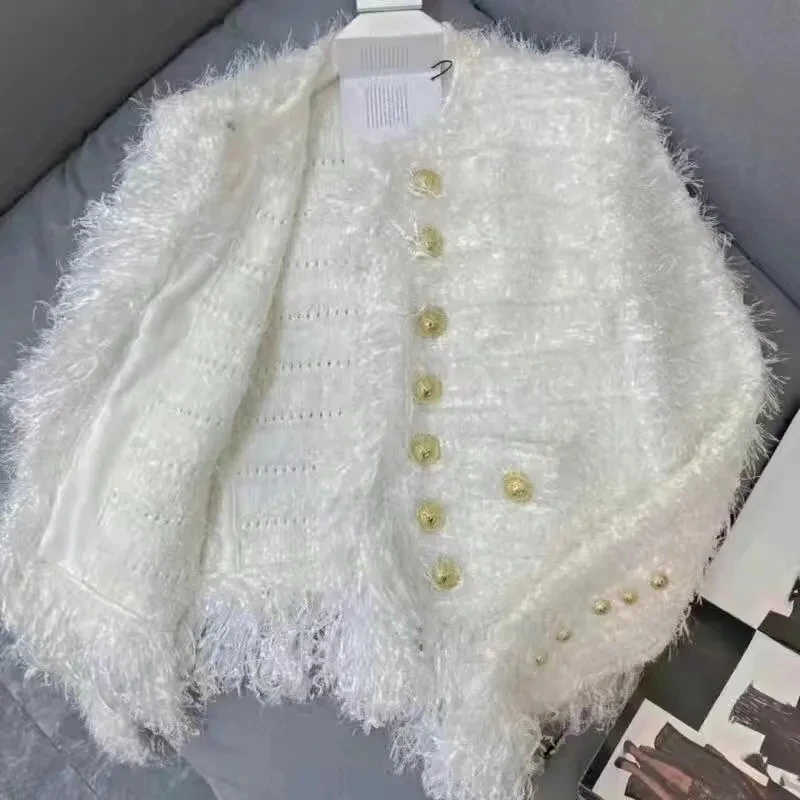 Women\'s White Black V-Neck Tassel Double Breasted Knitted Coat Ladies New Cardigan Autumn Winter 2022 Jacket