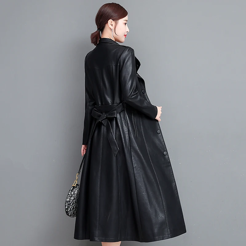 New Women Long Leather Coat Spring Autumn Fashion Casual Stand Collar Single Breasted Slim Trench Coat Split Leather Outerwear