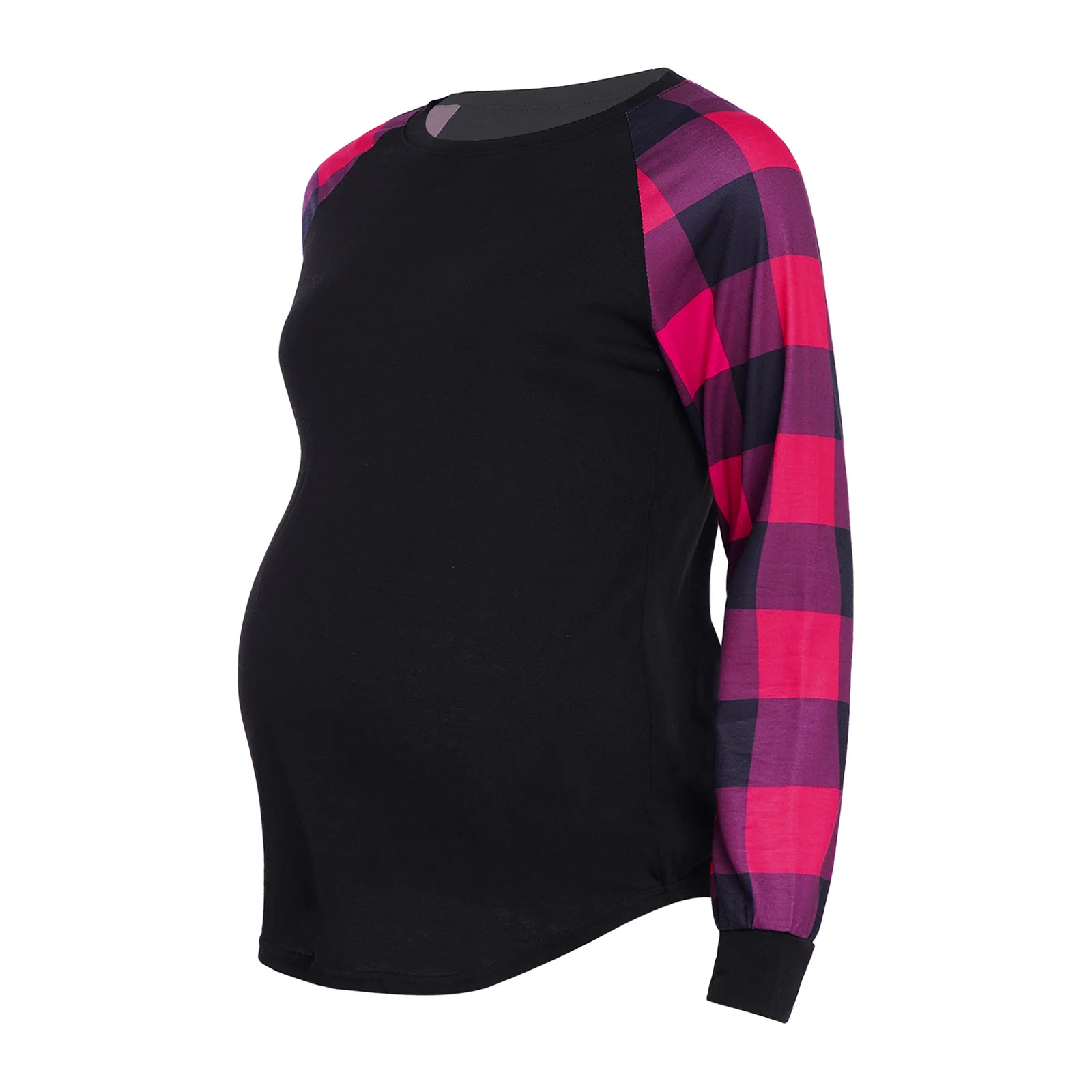 

Одежда для беременных, весенне-осенняя клетчатая футболка с длинными рукавами, круглый вырез, изогнутый подол, контрастный цвет, повседневные блузки для беременных, топы