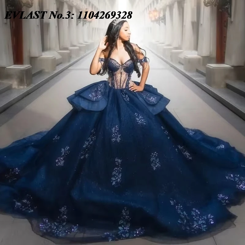 

EVLAST индивидуальное блестящее темно-синее платье Quinceanera с цветочной аппликацией и бисером, многоуровневое милое платье 16, Vestidos 15 De XV Años E3Q898