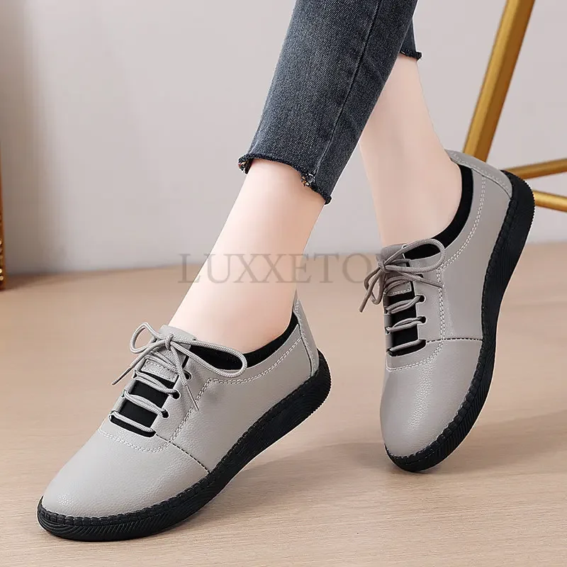 Genuine Leather Shoes Woman Spring Ladies Shoes Slip On Ballet Flats Sneakers Women Oxford Shoes Plus Size Moccains