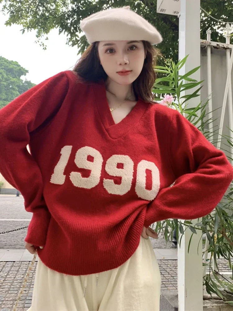 Pullovers for Women Autumn Red Simple All-match Loose Students Ulzzang Letter Chic Leisure Trendy V-Neck Comfortable Creativity