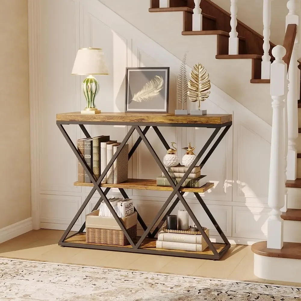 # 3-Tier Console Table, Slim Entryway Sofa Table With X-Shaped Metal Legs, Open Storage Shelves, For Living Room/Hallway, Rustic