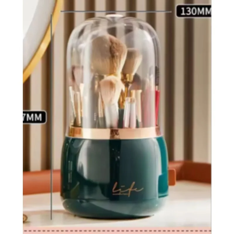 360° Rotating Makeup Brush Holder with Transparent Dustproof Cover – Waterproof Storage Box for Vanity, Bathroom, andOrganizati