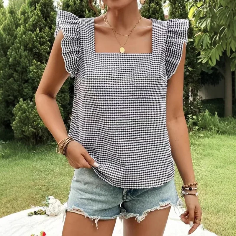 

Spring Summer New Plaid Square Neck Ruffled Blouse Women Fashion Top Trendy Casual Shirt Feminine Chic Style Comfortable