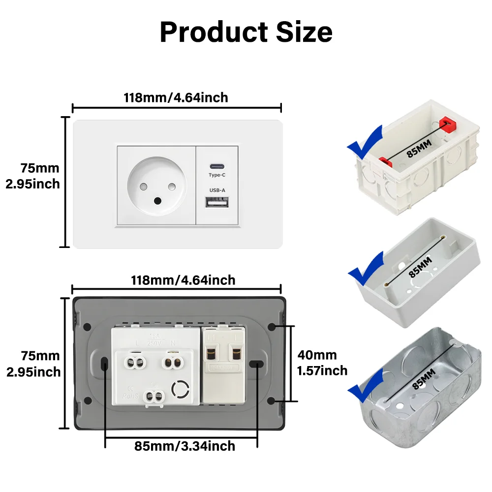שקע קיר טעינה מסוג USB מסוג C בישראל 118mm*72mm לבן ושחור, תמונה 6