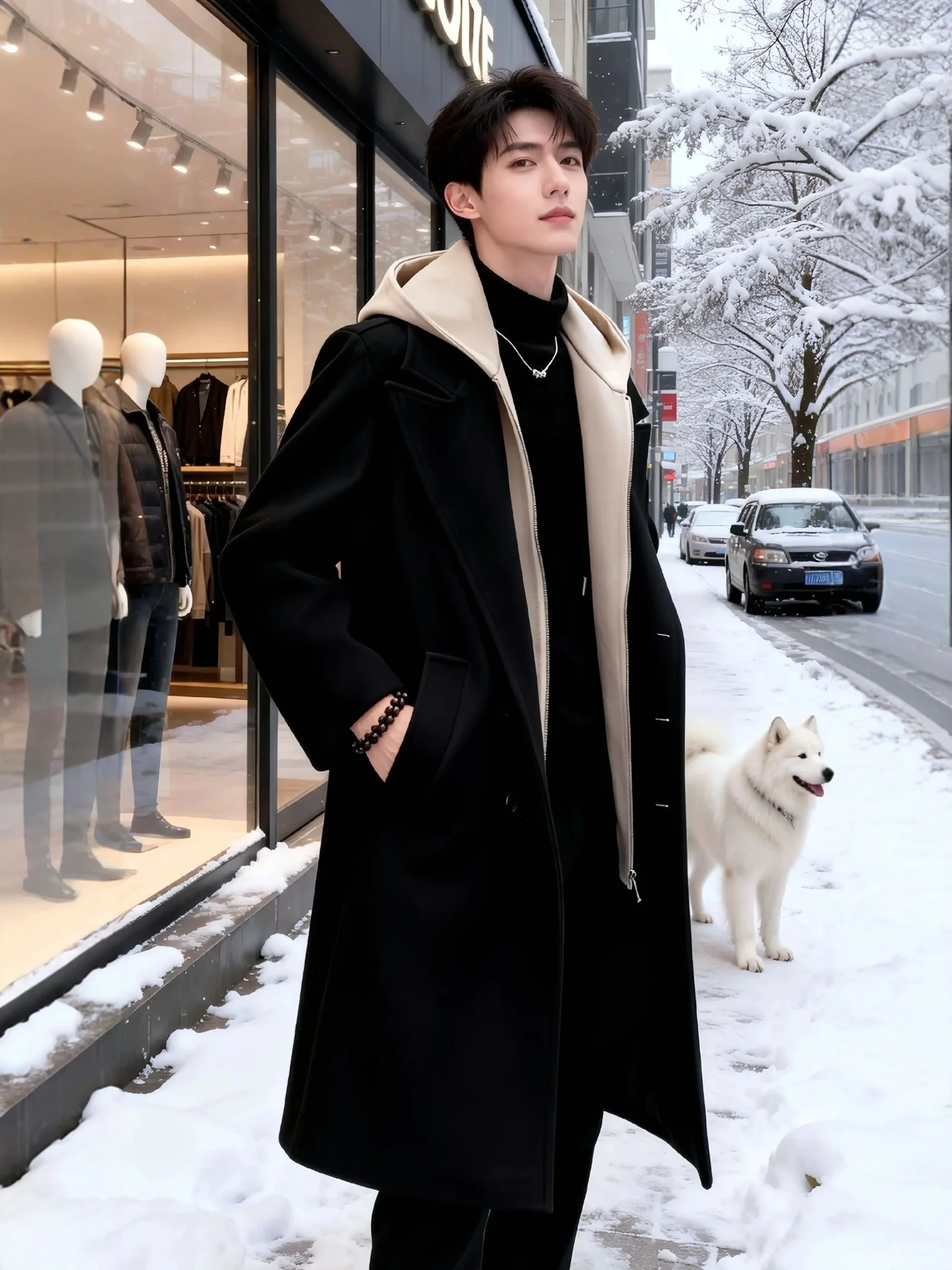 Korean Style Men's Mid-Length Woolen Coat with Hat Casual Fashion British Style Windbreaker Outerwear Polyester Fiber