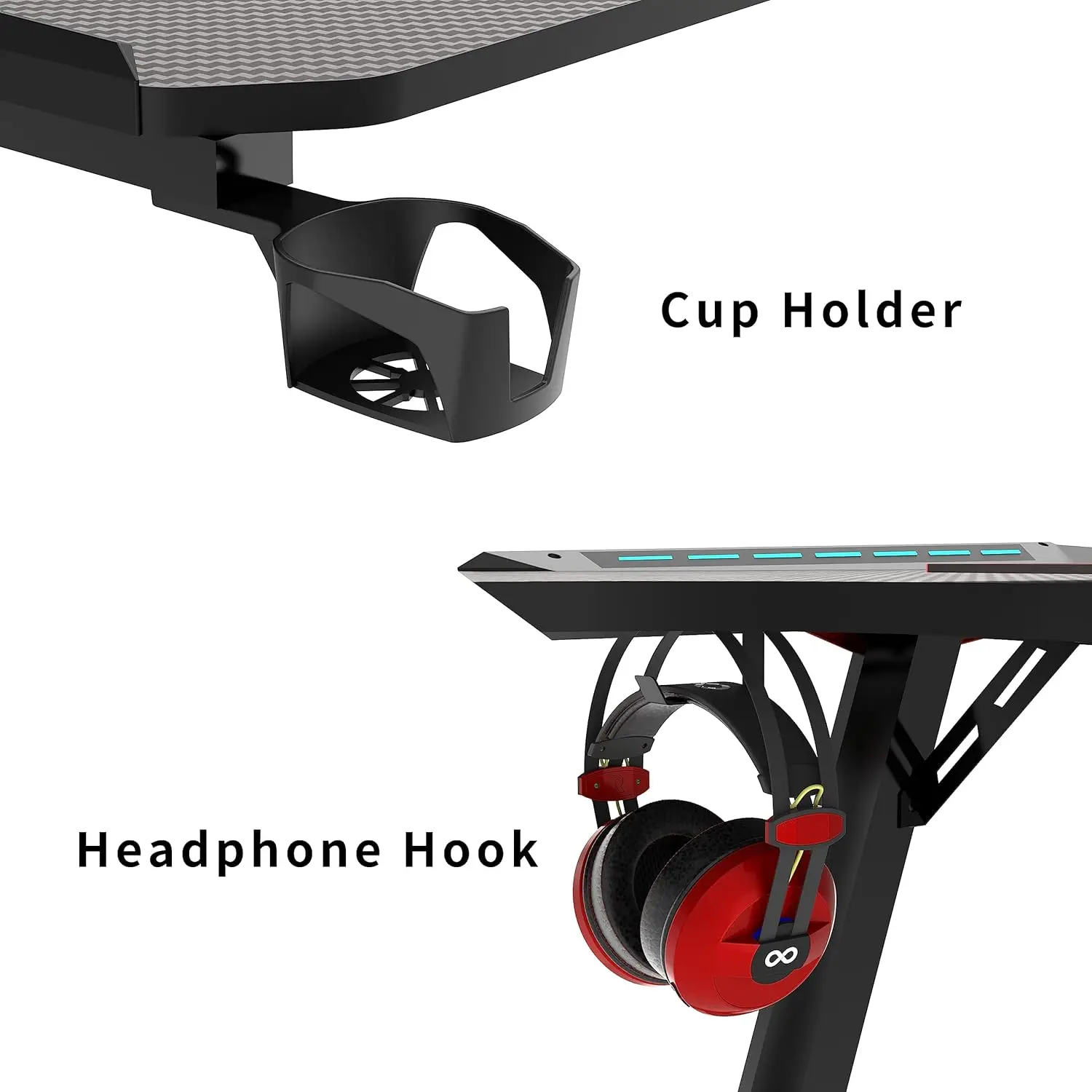 L-Shaped LED Gaming Table, Computer Corner Desk com Mouse Pad, Headphone Gancho e Suporte para Copo, Preto, 55"