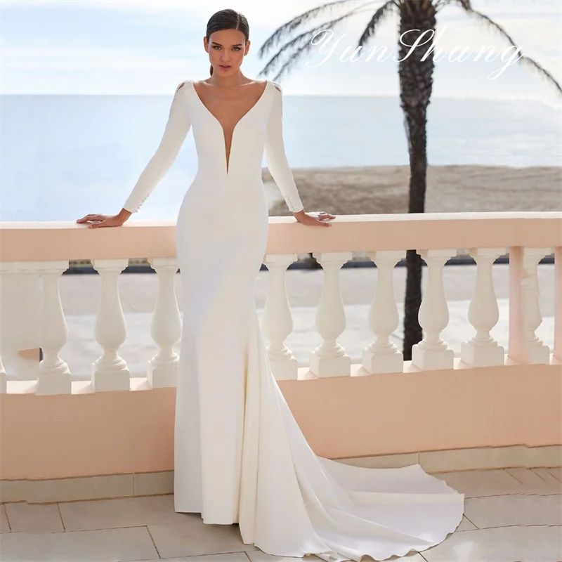 Yunshang Elegant Wedding Dress Women Mermaid Long Sleeve Open Back Lace V-Neck Applique Bridal Gown Vestido De Novia Customized