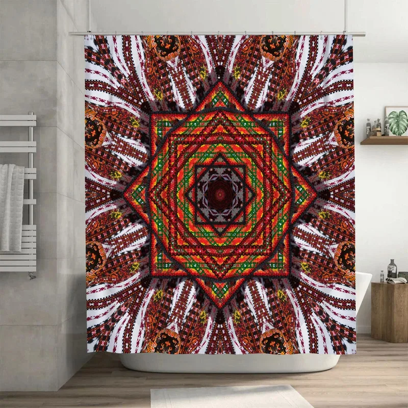 

ZHL22Eye-Catching Red Green Mandala Pattern Shower Curtain for Bathroom Decor with Hooks Vivid Floral Print Water-Resistant 2Ol%