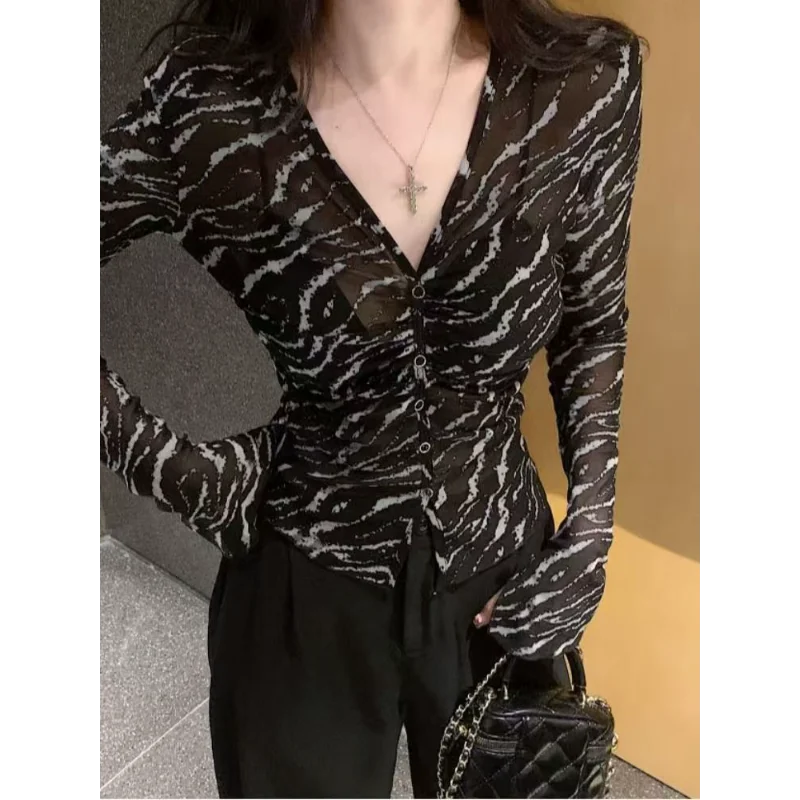 Hot Girl Temperament V-neck Women's Early Autumn Leopard Print Long-sleeved T-shirt Mesh Bottoming Inner Top