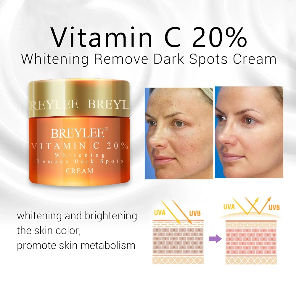 BREYLEE Vitamin C 20% VC Bleaching Gesichts Creme Reparatur Verblassen Sommersprossen Entfernen Dunkle Flecken Melanin Entferner Aufhellung Gesicht Creme