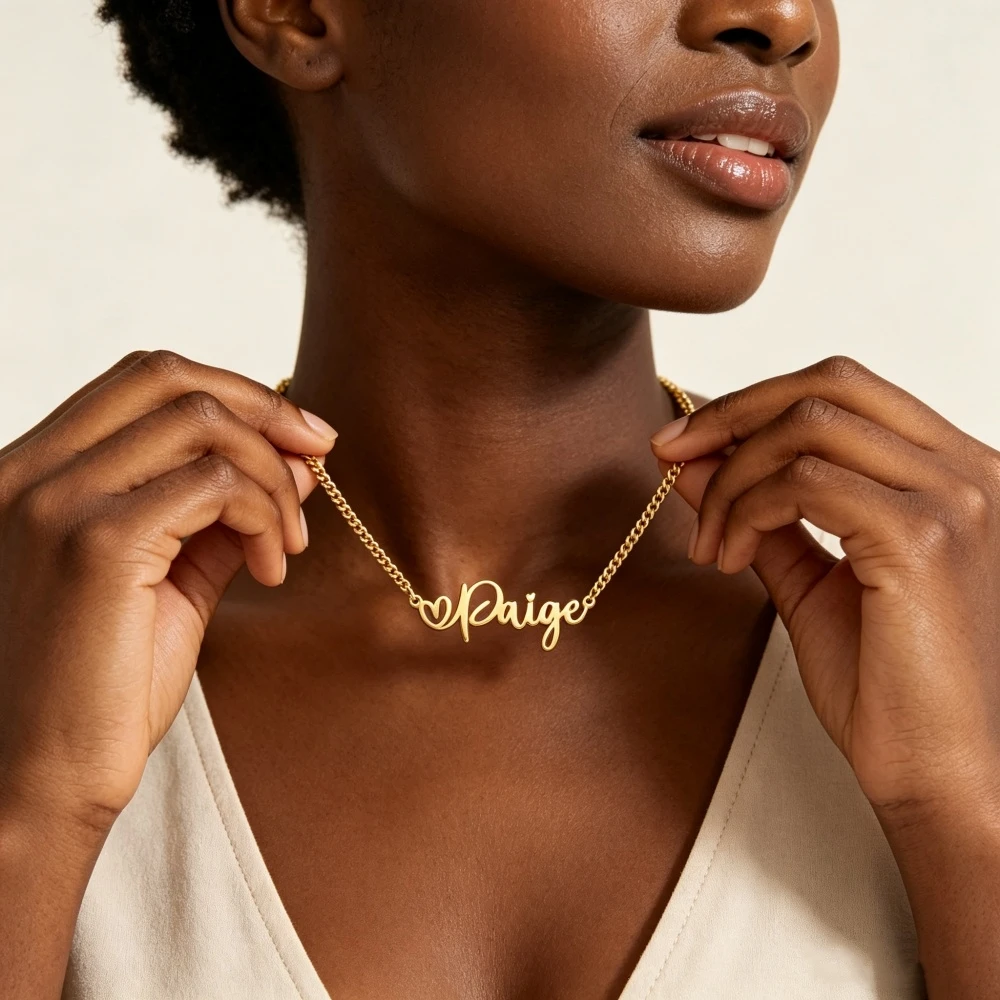 Custom Cursive Name Tiny Heart Necklace Women Gift Dainty Jewelry Stainless Steel Personalized Script Nameplate Pendant Necklace
