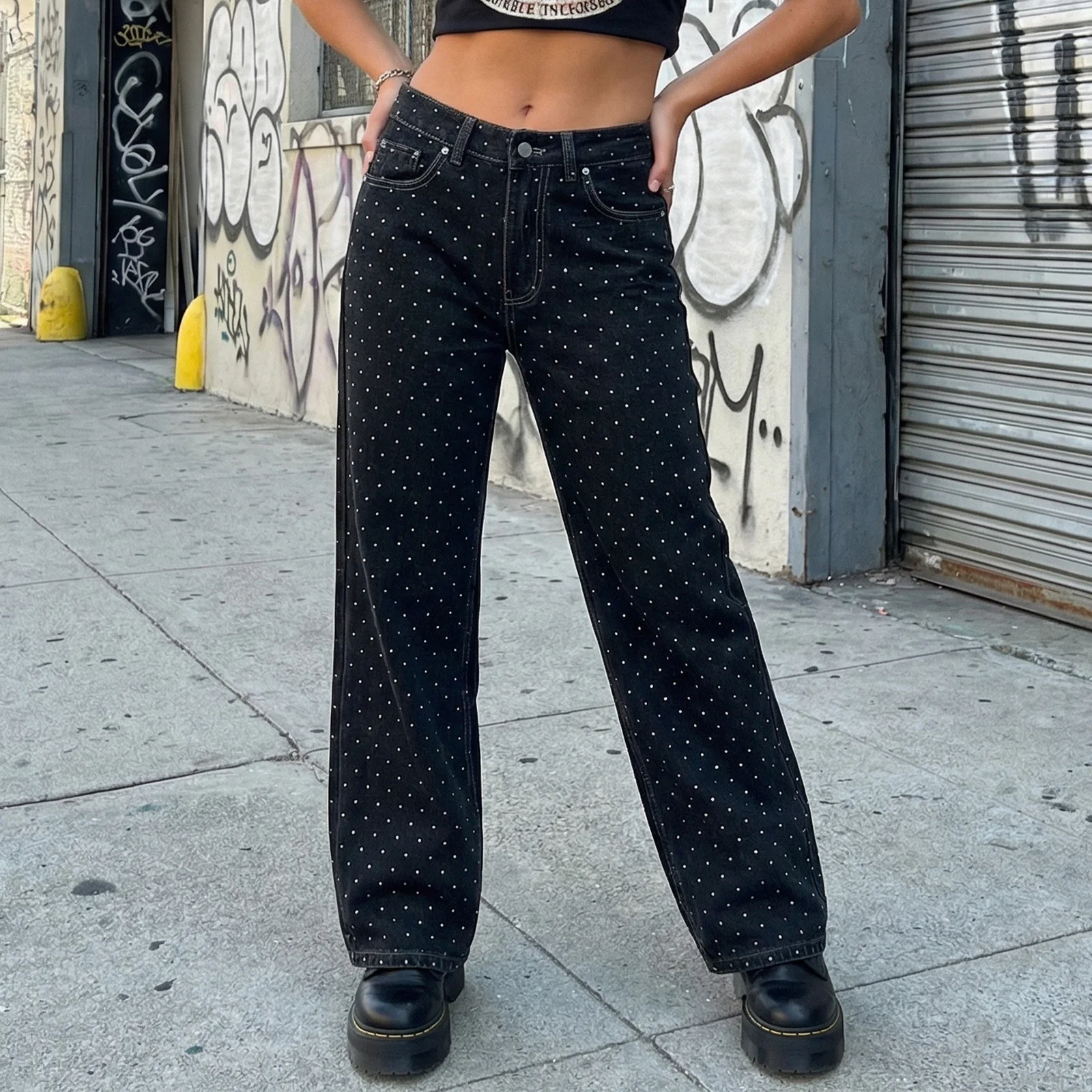 

Women's Quality Dot Print Baggy Jeans Fashionable Casual Low Rise Denim Wide Leg Pants with Pockets