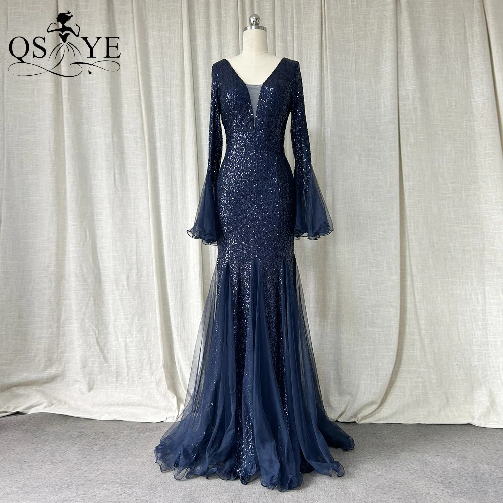 

Flare Tulle Sleeves Navy Evening Dresses Long Sleeves V Neck Mermaid Prom Gown Grid Pattern Sequin LaceFit Party Celebrity Dress