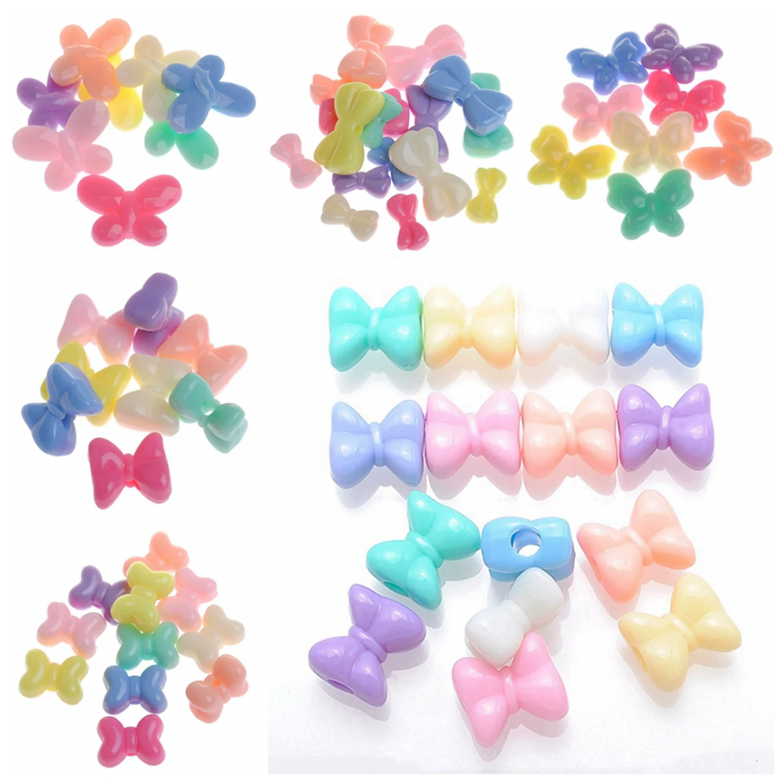 

50 Mixed Pastel Color Acrylic Butterfly Bows Bowknot Charm Beads Various Shape