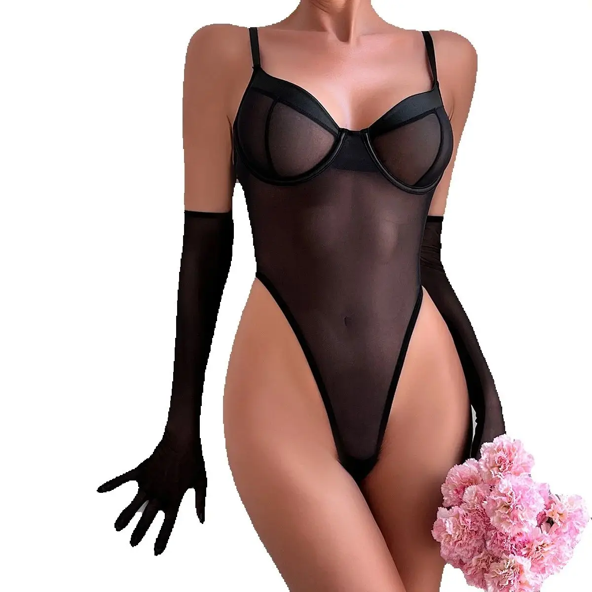 

See Through Simple Bodysuits for Women Summer Basic Jumpsuit with Gloves Sexy Lingerie Slim Shapewear Female One Piece Underwear