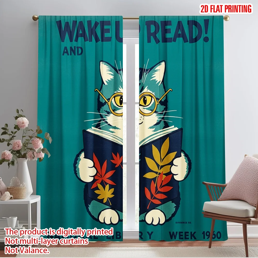 

2pcs 2D flat printing Party Curtain Smart Cat Reading Book Polyester Without Electricity 0 Use for gold wall decor