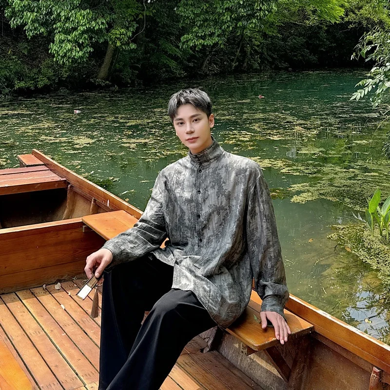 

Autumn New Sle Chinese Retro Long Sve irt Men's Casual Stand Collar Button up Loose Fit Youth ular Faion