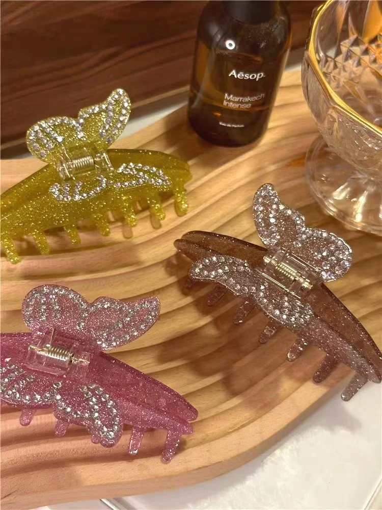 Shiny Pink Brown Rhinestone Butterfly Big Hair Claws Acrylic Hair Clip for Women Girl Sweet Trendy Hairpin 2023 Hair Accessories