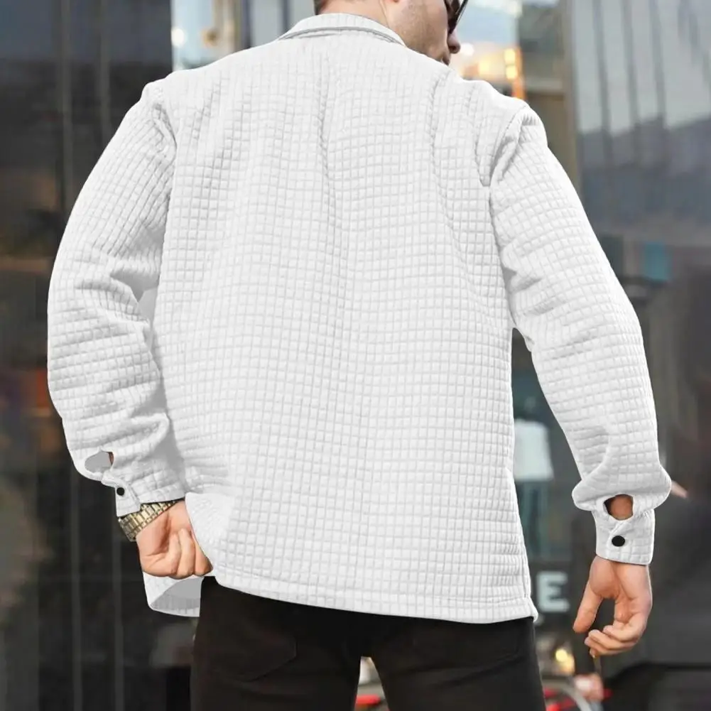 Solid Color Men Jacket Stylish Men's Lapel Long Sleeve Jacket with Patch Pocket Waffle Texture Single Breasted Coat for A