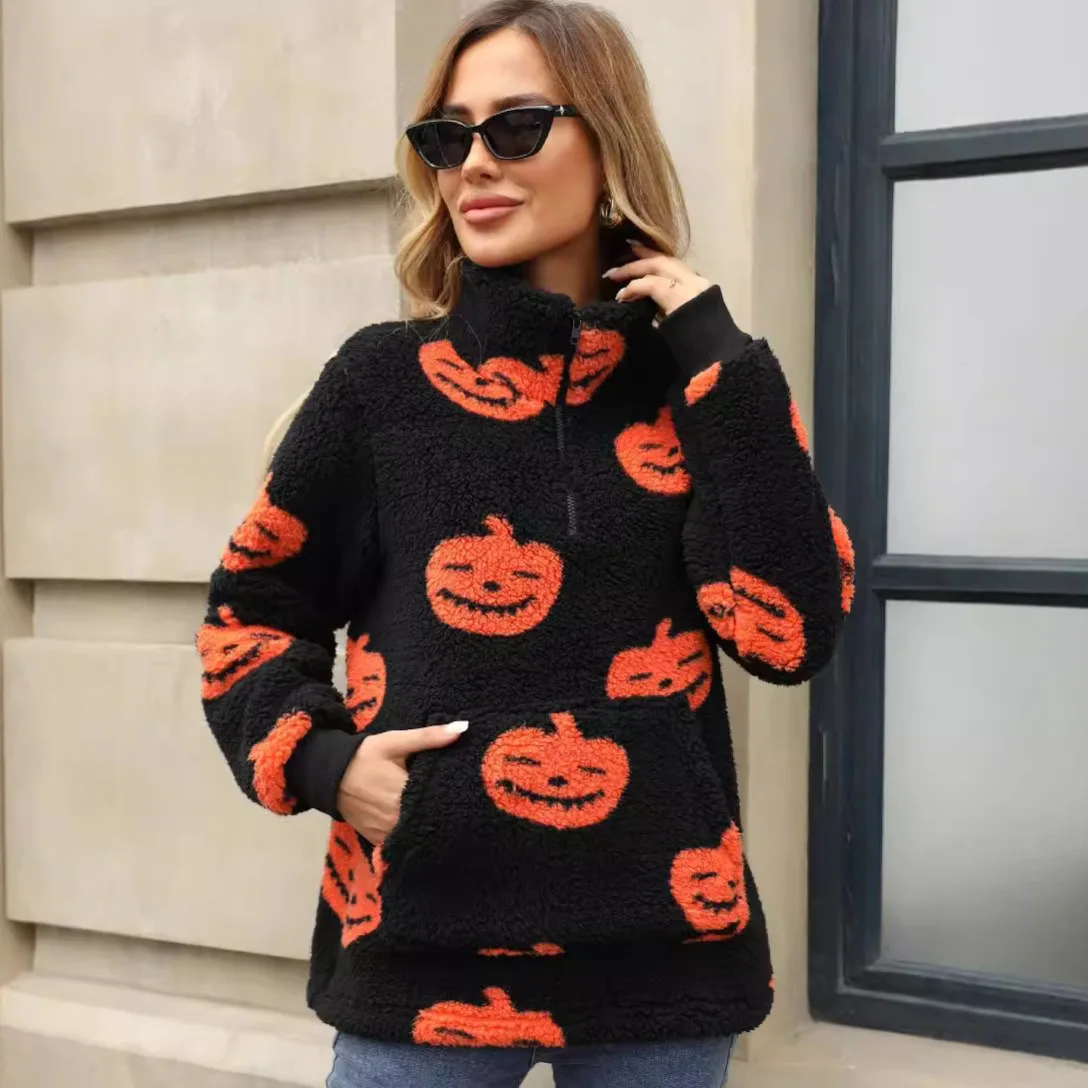 Flash Velvet 2025 Autumn and Winter Halloween Pumpkin Print Half Zipper Warm Pullover Women's Sweater