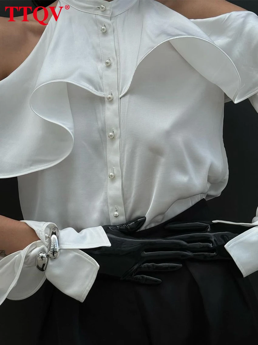 TTQV Kemeja Wanita Putih Longgar Seksi Kemeja Lengan Panjang Bahu Terbuka Leher-o Modis Atasan Ruffle Klasik Elegan Pakaian Wanita