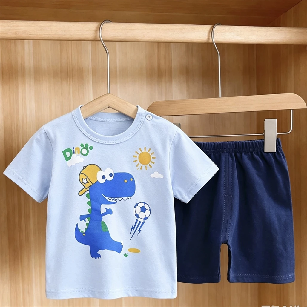 Summer Costume Kids Short-sleeved Outfits Casual Tshirts+Shorts Two Piece Set Cartoon Tshirt Loose Shorts Lovely Baby Clothing