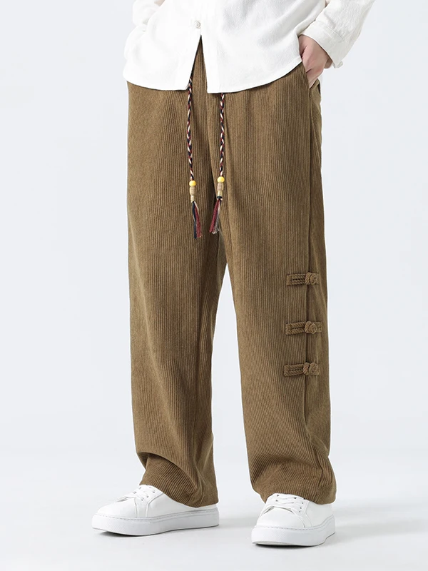 

Men's Autumn Winter Corduroy Straight Leg Pants Loose Harlan Sle Casual Trousers Vintage Chinese Tang Suit Long Sve
