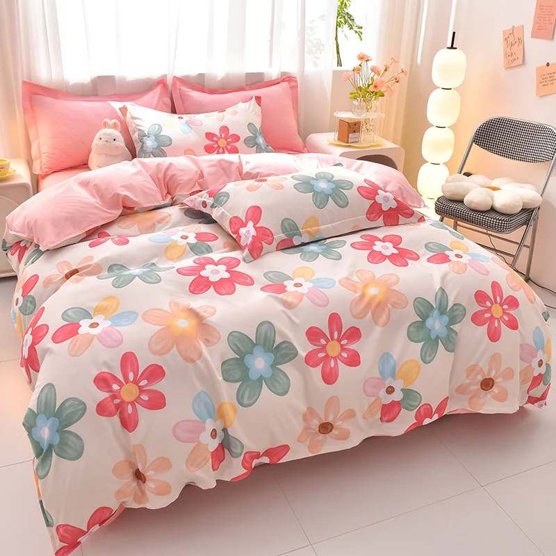 4Pcs Colorful Floral Bedding Set Soft Microfiber Duvet Cover Bed Sheets Pillowcases Large Flower Print Pastoral Style Home Decor